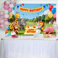 Lofaris Bunter niedlicher Safari-Tier-Geburtstagshintergrund, Dschungel-Party-Fotokulisse für Kinder, mit Ballons und Kuchen