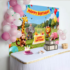 Lofaris Bunter niedlicher Safari-Tier-Geburtstagshintergrund, Dschungel-Party-Fotokulisse für Kinder, mit Ballons und Kuchen