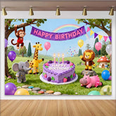 Lofaris Niedliche Dschungeltiere Affe Giraffe Elefant Löwe Nilpferd Geburtstagshintergrund, mit Ballons und Torte