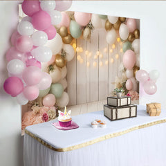 Lofaris Eleganter Pastell-Ballon-Hintergrund mit Holzwand und Lichterkette, vielseitige Fotokulisse für Babyparty und Geburtstag
