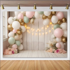 Lofaris Eleganter Pastell-Ballon-Hintergrund mit Holzwand und Lichterkette, vielseitige Fotokulisse für Babyparty und Geburtstag