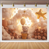 Lofaris Sanfter Wolken Teddybär Babyparty Hintergrund mit goldenen Sternen Ballons, süße Kulisse für Neugeborenen-Fotografie