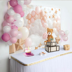 Lofaris Rosa Creme Teddybär Babyparty Hintergrund mit goldenen Sternen, süße Kulisse für Fotoshooting und Kindergeburtstag