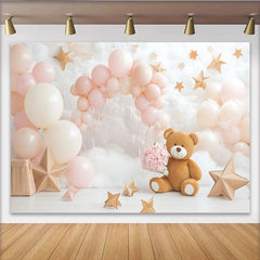 Lofaris Rosa Creme Teddybär Babyparty Hintergrund mit goldenen Sternen, süße Kulisse für Fotoshooting und Kindergeburtstag