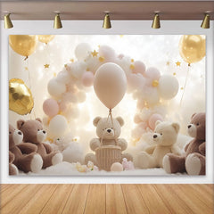 Lofaris Sanfter Teddybär Babyparty Hintergrund mit Wolken und goldenen Sternen, verträumte Fotowand für Babyfotos und Feiern