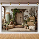 Lofaris Rustikaler Landhaus Hintergrund mit Holztür und Ziegelwand, Vintage Bauernhof Kulisse für Fotoshooting und Dekoration