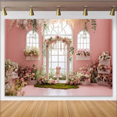 Lofaris Rosa elegante Rosen Blumen-Geburtstagshintergrund mit Fensterbogen, romantische Partydekoration für Fotoshooting und Feierlichkeiten