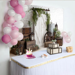 Lofaris Rustikaler Bauernhof-Fotohintergrund mit weißer Ziegelwand und Scheunentor, charmante Kulisse für Baby Kinder Porträt Fotografie