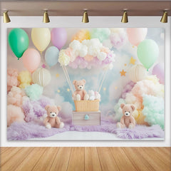 Lofaris Pastellfarbener Teddybär Babyparty-Hintergrund mit Luftballons und Wolken, verträumte Kulisse für Kindergeburtstag