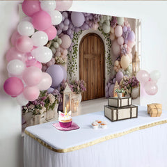 Lofaris Pastellfarbener Ballon-Blumen-Hintergrund mit Holztür und Efeu, romantische Kulisse für Babyparty oder Fotoshooting