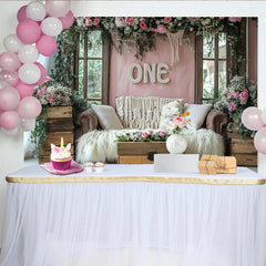 Lofaris Rosa Blumen 1. Geburtstag Hintergrund mit Holzfenster und Makramee ONE, rustikale Fotowand für Babyfotoshooting und Partydekoration