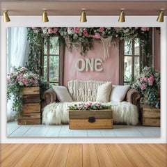 Lofaris Rosa Blumen 1. Geburtstag Hintergrund mit Holzfenster und Makramee ONE, rustikale Fotowand für Babyfotoshooting und Partydekoration