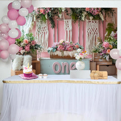 Lofaris Rosa Blumen Erster Geburtstag Hintergrund für Baby Mädchen mit Makramee, zarte Fotowand für Fotoshooting und Partydekoration