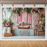 Lofaris Rosa Blumen Erster Geburtstag Hintergrund für Baby Mädchen mit Makramee, zarte Fotowand für Fotoshooting und Partydekoration