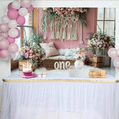 Lofaris Rosa Blumen 1. Geburtstag Hintergrund für Mädchen mit Makramee, rustikale Fotowand für Baby Fotoshooting und Partydekoration