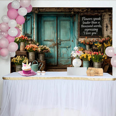 Lofaris Rustikaler Blumenladen Fotohintergrund mit türkiser Holztür und Tulpen, dekorative Kulisse für professionelles Fotostudio