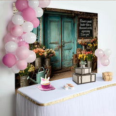 Lofaris Rustikaler Blumenladen Fotohintergrund mit türkiser Holztür und Tulpen, dekorative Kulisse für professionelles Fotostudio