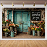 Lofaris Rustikaler Blumenladen Fotohintergrund mit türkiser Holztür und Tulpen, dekorative Kulisse für professionelles Fotostudio
