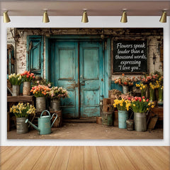 Lofaris Rustikaler Blumenladen Fotohintergrund mit türkiser Holztür und Tulpen, dekorative Kulisse für professionelles Fotostudio