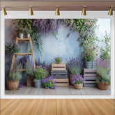 Lofaris Rustikaler Frühlingslandschaft Hintergrund mit Lavendel und Holzleiter, blaue Wand für Fotostudio Porträt und Dekoration