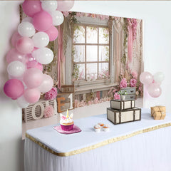 Lofaris Blumen 1. Rosa Geburtstag Hintergrund mit Holzfenster und Makramee ONE, rustikale Fotowand für Babyfotoshooting