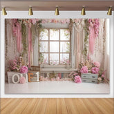 Lofaris Blumen 1. Rosa Geburtstag Hintergrund mit Holzfenster und Makramee ONE, rustikale Fotowand für Babyfotoshooting