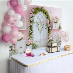 Lofaris Romantischer rosa Blumenbogen Fotohintergrund mit Rosen und Moos, elegante Kulisse für Frühlingsfotoshootings oder Dekoration