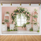 Lofaris Zartrosa Blumenfenster Fotohintergrund mit Rosen und Grün für Porträts, romantische Kulisse für Frühlingsfotoshootings und Events