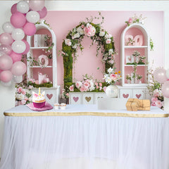Lofaris Romantischer Rosa Blumen Fotohintergrund mit Rosen und Moosbogen, elegante Frühlingskulisse für Fotostudio und Event