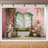 Lofaris Rosa Blumenfenster Fotohintergrund mit Herzen und Efeu, romantische Kulisse für Frühlingsfotoshootings