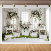 Lofaris Romantischer Blumen Fotohintergrund mit rosa Rosen und grünen Ranken, elegante weiße Holz Fotowand für Porträts und Hochzeitsdekoration