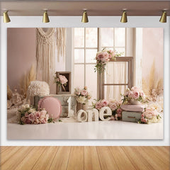 Lofaris Rosa Blumen Erster Geburtstag Hintergrund für Mädchen, Boho-Stil, rustikale Fotowand für Baby-Mädchen Fotoshooting und Partydekoration