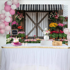 Lofaris Bunter Blumenladen Fotohintergrund mit rustikaler Holztür und Markise, eine idyllische Frühlingskulisse für Fotoshooting