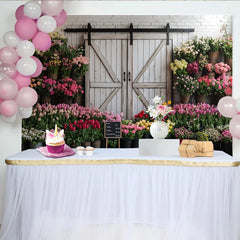 Lofaris Blumenladen-Fotohintergrund mit rustikalem Scheunentor, wunderschöne Kulisse für Frühlings- und Sommerfotoshootings