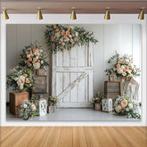 Lofaris Eleganter rustikaler Scheunentor Blumen Hintergrund für Hochzeitsfotografie, Vintage Holzwand Kulisse mit Laternen für Events