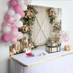 Lofaris Weißer rustikaler Blumen-Fotohintergrund mit rosa Rosen, elegante Scheunentor-Kulisse für Hochzeiten und Porträts