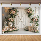 Lofaris Weißer rustikaler Blumen-Fotohintergrund mit rosa Rosen, elegante Scheunentor-Kulisse für Hochzeiten und Porträts