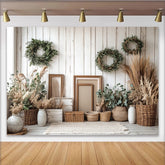 Lofaris Boho Holzwand Fotohintergrund mit Pampasgras und Eukalyptus, natürliche Kulisse für Porträts und Babypartys