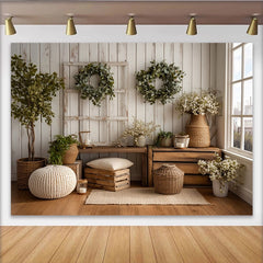 Lofaris Rustikaler Landhausstil Fotohintergrund mit weißer Holzplankenwand und Eukalyptuskranz, natürliche Kulisse für Porträtfotos
