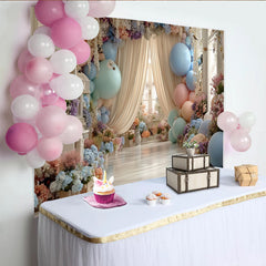 Lofaris Zarter Pastell Blumen Ballon Hintergrund mit eleganten Vorhängen, wunderschöne Fotokulisse für Babyparty und Fotoshooting