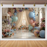 Lofaris Zarter Pastell Blumen Ballon Hintergrund mit eleganten Vorhängen, wunderschöne Fotokulisse für Babyparty und Fotoshooting