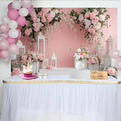 Lofaris Eleganter rosa Blumen Fotohintergrund mit weißen Laternen, romantische Kulisse für Hochzeiten und Fotostudio