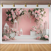Lofaris Eleganter rosa Blumen Fotohintergrund mit weißen Laternen, romantische Kulisse für Hochzeiten und Fotostudio