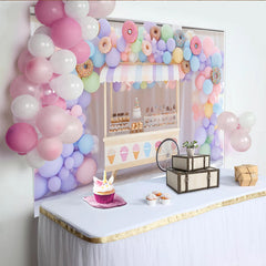 Lofaris Pastell Donut Geburtstagshintergrund mit bunten Luftballons und Süßigkeitenwagen, festliche Fotowand für Kinderparty und Fotoshooting