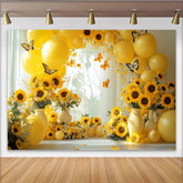 Lofaris Gelber Sonnenblumenhintergrund mit Luftballons und Schmetterlingen, fröhliche Fotokulisse für Frühlings- und Sommerfotoshootings