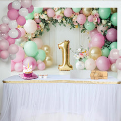 Lofaris Rosa Mintgold 1. Geburtstagshintergrund mit Ballons und Blumen, elegante Fotokulisse für Babyparty und Fotoshooting