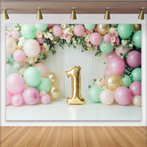 Lofaris Rosa Mintgold 1. Geburtstagshintergrund mit Ballons und Blumen, elegante Fotokulisse für Babyparty und Fotoshooting
