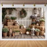 Lofaris Rustikaler Herbstfotohintergrund mit weißen Kürbissen und Heuballen, dekorative Kulisse für professionelles Fotostudio