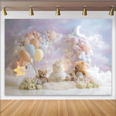 Lofaris Pastellfarbener Baby-Geburtstagshintergrund mit Teddybären und Wolken, süße Fotokulisse für Fotoshooting und Partydekoration