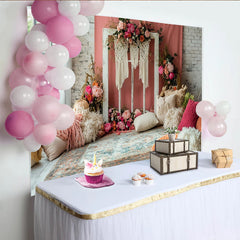 Lofaris Rosa Koralle Boho Blumen Fotohintergrund mit Makramee und Fensterrahmen, elegante Kulisse für romantische Porträts und Fotoshootings